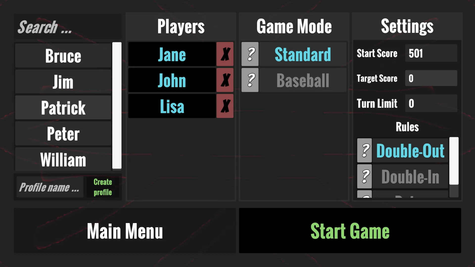 New game setup screen